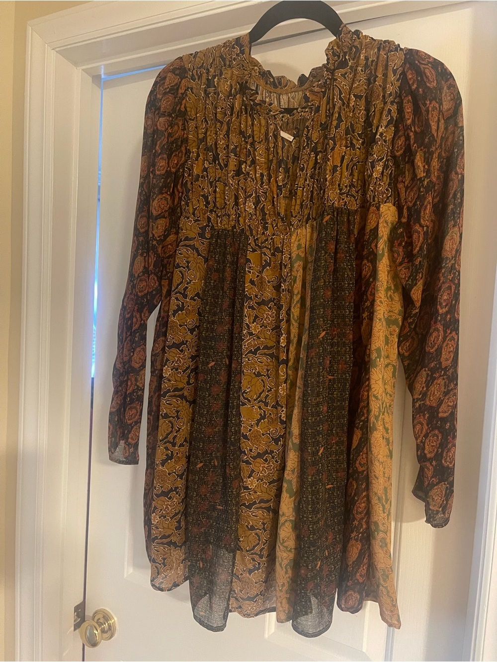 Free People Multi-Print Boho Smocked Tunic Dress in Mustard, Black, Rust